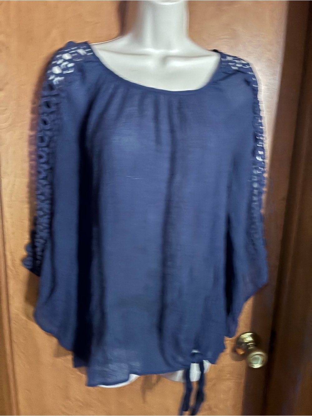 Women's Navy Crochet Sleeve Peasant Top - Lace Boho